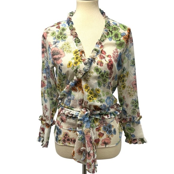 Alexis Missie Floral Sheer Long Sleeve Wrap Tie Top Women’s Small - Picture 4 of 13